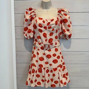 Karina Grimaldi Seashell Print Cotton Dress Small Puff Sleeve Belted Mini